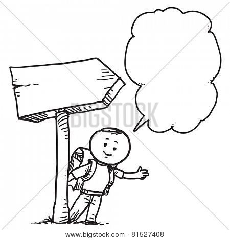 Schoolkid with directional sign speaking