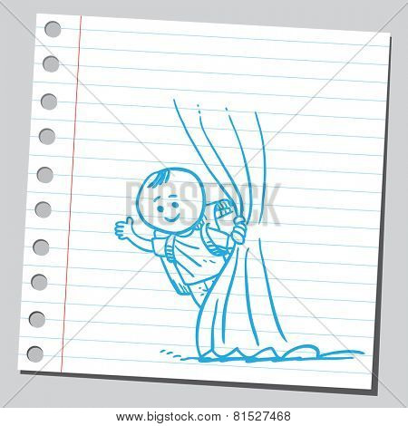 Schoolkid behind curtain