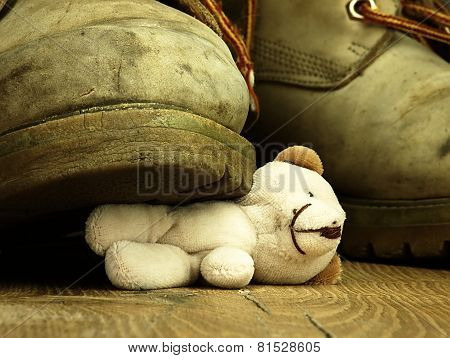 Teddy Bear Crushed By A Heavy, Old Military Boot.