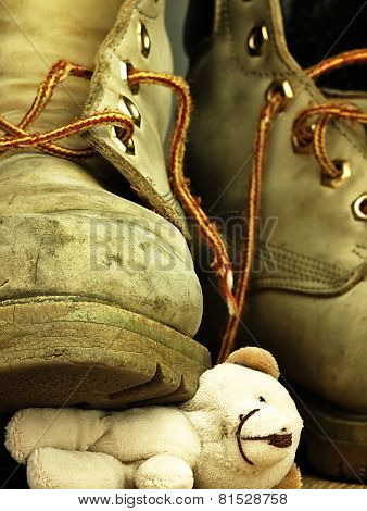 Teddy Bear Crushed By A Heavy, Old Military Boot.