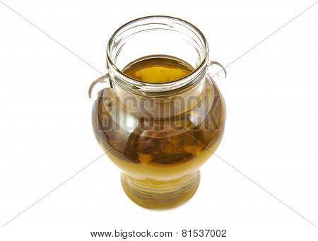 Extra virgin olive oil glass bottle on white background.