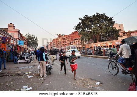 Jaipur, India - December 29, 2014: People Visit Streets Of Indra Bazar In Jaipur