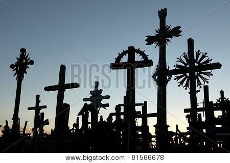 SIAULIAI, LITHUANIA - AUGUST 1, 2013: Wooden crosses at the Hill of Crosses, the most important Lithuanian Catholic pilgrimage site located near the town of Siauliai in Northern Lithuania.