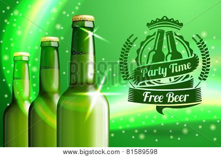 Banner for beer advertisement with three realistic green bottles.