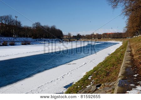 Quay Of Uzh River In Uzhgorod During Winter Time, Zakarpattia,western Ukraine