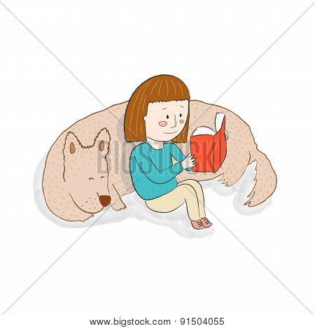 Girl Reading A Book With Her Sleeping Dog