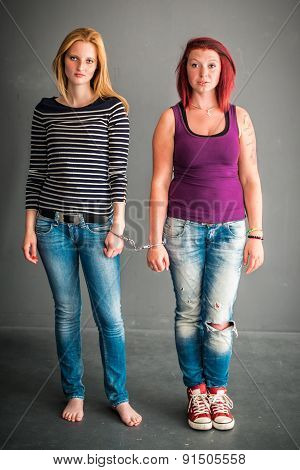 Two angry women connected by a pair of handcuffs