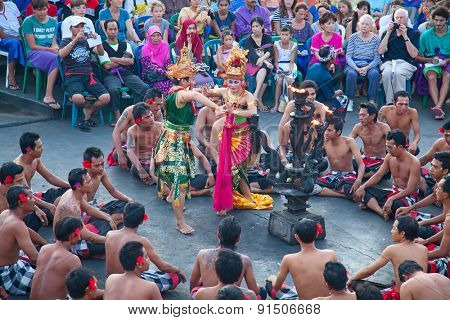 DENPASAR - JULY 27: Traditional Balinese Kecak dance shown in Denpasar, Bali, Indonesia on July 27, 2010. Kecak (also known as Ramayana Monkey Chant) is very popular cultural show on Bali
