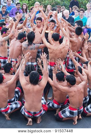 DENPASAR - JULY 27: Traditional Balinese Kecak dance shown in Denpasar, Bali, Indonesia on July 27, 2010. Kecak (also known as Ramayana Monkey Chant) is very popular cultural show on Bali