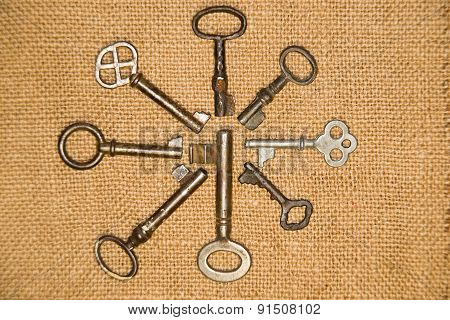 A Lot Vintage Keys From The Locks On Old Cloth