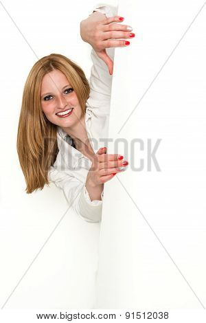 Young beauty business woman peeking around a corner 1