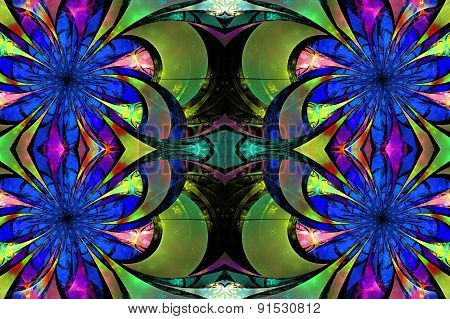 Pattern From Fractal Flowers. Darkblue, Green And Purple Palette. Fractal Design. Computer Generated