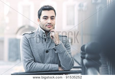 Portrait Of A Serious Young Man, Coldy Morning. Outdoors - Outside