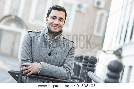 Portrait Od Smiling Gorgeous Young Attractive Man, Outdoor - Outside Coldly Morning
