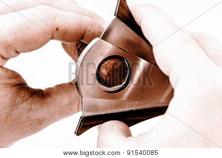 Expensive cigar and cutter in man´s hand on a white background
