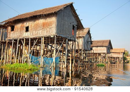 Floating Village Houses In Inle Lake, Myanmar