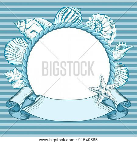 Rounded cute Nautical background with rope, ribbon, shell and a starfish. Vintage vector illustration.