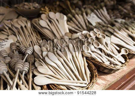 Carved Cups, Spoons, Forks And Other Utensils Of Wood