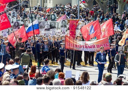 Sevastopol, Crimea - May 9, 2015: The Immortal Regiment Marches. The Parade In Honor Of 70Th Anniver