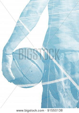 Double Exposure Of A Basketball Player And Field