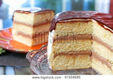 White layer cake with chocolate icing