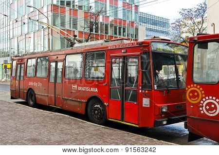 Old red Skoda trolleybus in Bratislava, Slovakia