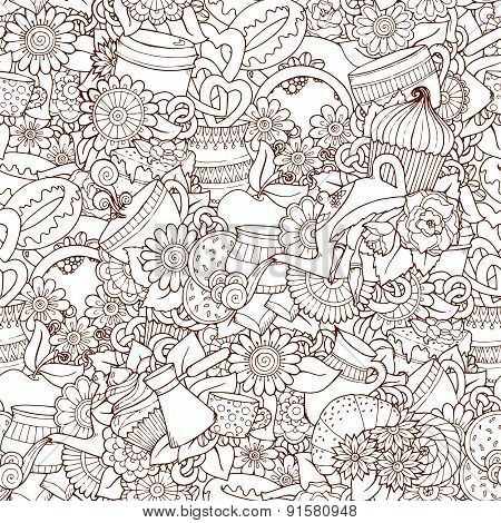 Coffee And Tea Design Template Grunge Doodle Pattern Background.
