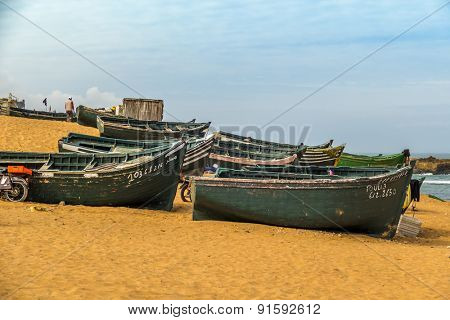 OUALIDIA, MOROCCO, APRIL 6, 2015: Fishermen prepare their boats to go fishing 