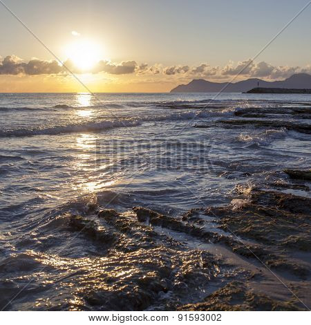Sunrise on the sea. Mallorca, Can Picafort, Balearic Islands, Spain