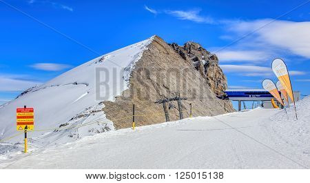 Mt. Titlis, Switzerland - 12 October, 2015: view on the top of the mountain. Titlis (also Mount Titlis) is a mountain of the Uri Alps located on the border between the Swiss cantons of Obwalden and Bern.