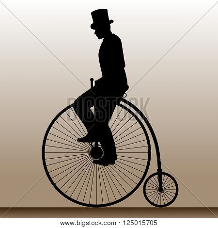 Vintage bicycle. The man in the hat on an old bicycle. Vector illustration.