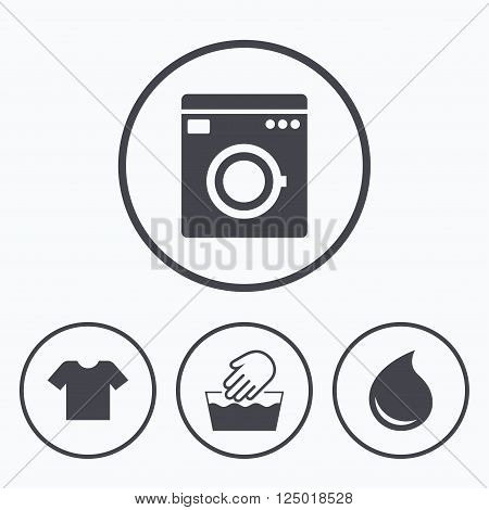 Washing machine icon. Hand wash. T-shirt clothes symbol. Laundry washhouse and water drop signs. Not machine washable. Icons in circles.