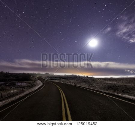 Moon lit night along a winding road.
** Note: Visible grain at 100%, best at smaller sizes