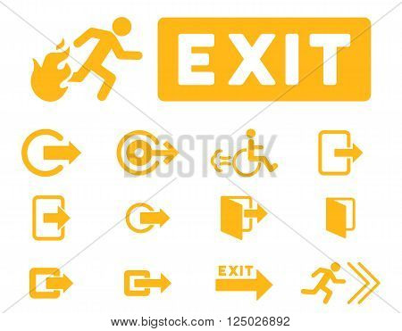Fire Exit vector icon set. Style is yellow flat symbols isolated on a white background.