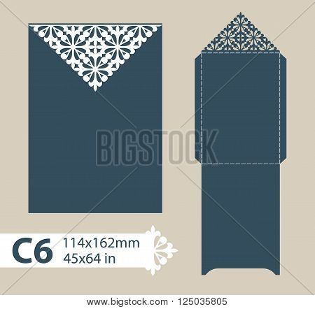 Template congratulatory envelope with carved openwork pattern. Template is suitable for greeting cards invitations menus etc. Picture suitable for laser cutting or printing. Vector. Easy to edit