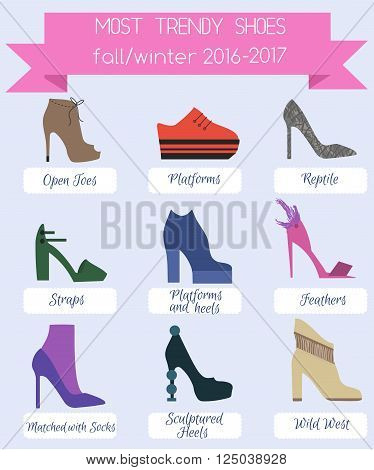 Trendy fashion women shoes infographic. Shoes trends fall winter 2016. Flat style set.