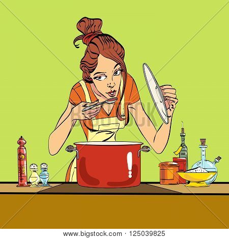 woman preparing food in the kitchen. Vector line art illustration. The girl cooking food. Cook and delicious dish. A housewife tries out the taste of the food