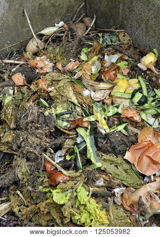 Garden compost heap with garden and kitchen food waste for home recycling.