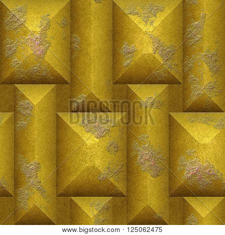 Abstract seamless 3D mosaic pattern of gold scratched pyramidal blocks