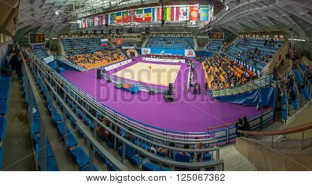 MOSCOW, RUSSIA - FEBRUARY 19, 2016: Stadium Druzhba in wide angle view just before Rhythmic gymnastics Alina Cup Grand Prix Moscow - 2016 in Moscow sport palace Luzhniki, Russia.