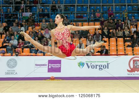 MOSCOW RUSSIA - FEBRUARY 19 2016: Sebkova Anna Czech Repablic on Rhythmic gymnastics Alina Cup Grand Prix Moscow - 2016 in Moscow sport palace Luzhniki Russia