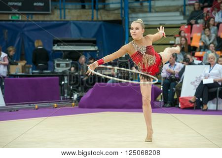 MOSCOW RUSSIA - FEBRUARY 19 2016: Olsson Josefine Sweden on Rhythmic gymnastics Alina Cup Grand Prix Moscow - 2016 in Moscow sport palace Luzhniki Russia