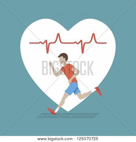 Template with running man and icon heartbeat. Healthcare, fitness, training concept. Vector illustration lifestyle and sport.