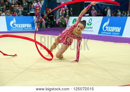 MOSCOW RUSSIA - FEBRUARY 21 2016: Son Yeon Jae Korea on Rhythmic gymnastics Alina Cup Grand Prix Moscow - 2016 in Moscow sport palace Luzhniki Russia