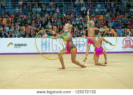 MOSCOW RUSSIA - FEBRUARY 21 2016: group exercises the team of Finland on Rhythmic gymnastics Alina Cup Grand Prix Moscow - 2016 in Moscow sport palace Luzhniki Russia