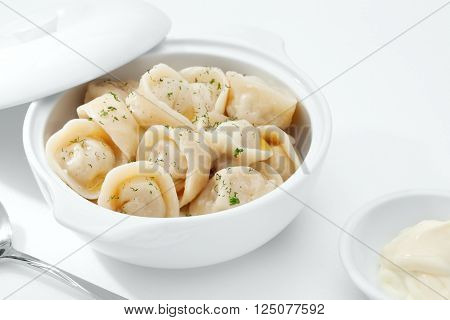 close up view of nice delicious ravioli on white back