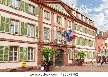 Colmar, France - 18 August, 2014: City Hall in Colmar old town . Colmar is the most popular tourist destination in France, founded in the 9th century.