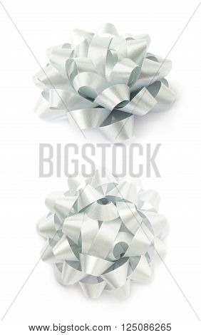 Decorational silver ribbon gift bow isolated over the white background, set collection of two diffirent foreshortenings