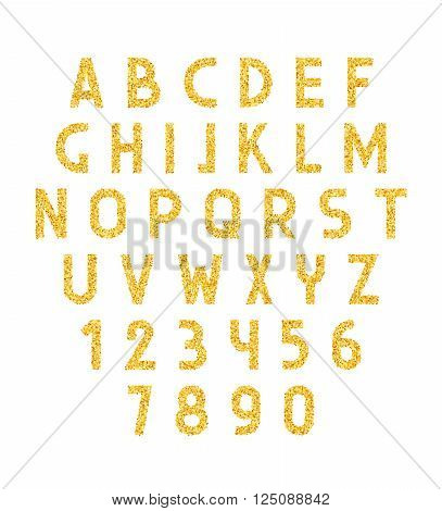 Font of gold isolated on a white background . Alphabet letters and numbers made ??of gold .