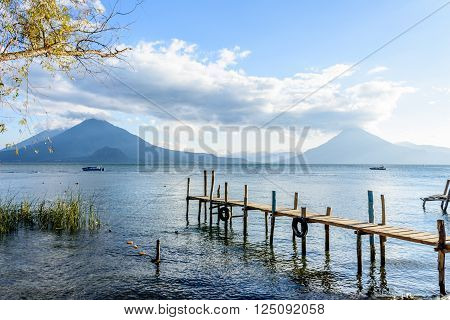 Evening light on three volcanoes Atitlan, Toliman & San Pedro at Lake Atitlan, Guatemala.